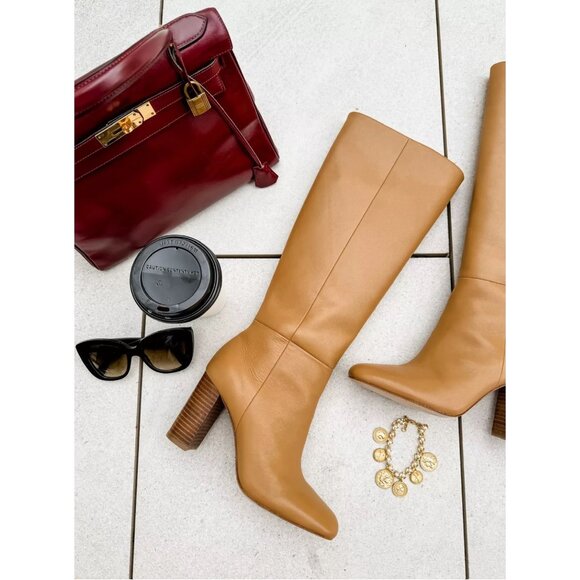 PAIGE Keely Tan Leather Knee-High Block Heel Boots, Side Zip Closure Size 10.5 - Picture 3 of 16